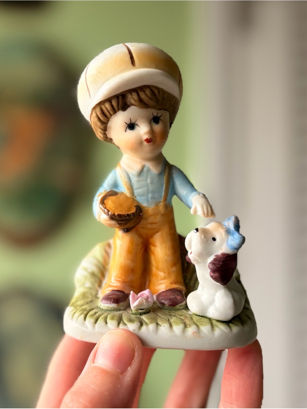 Cute Ceramic Farm Boy with Dog Figurine - Yellow & Blue Decorative Accent